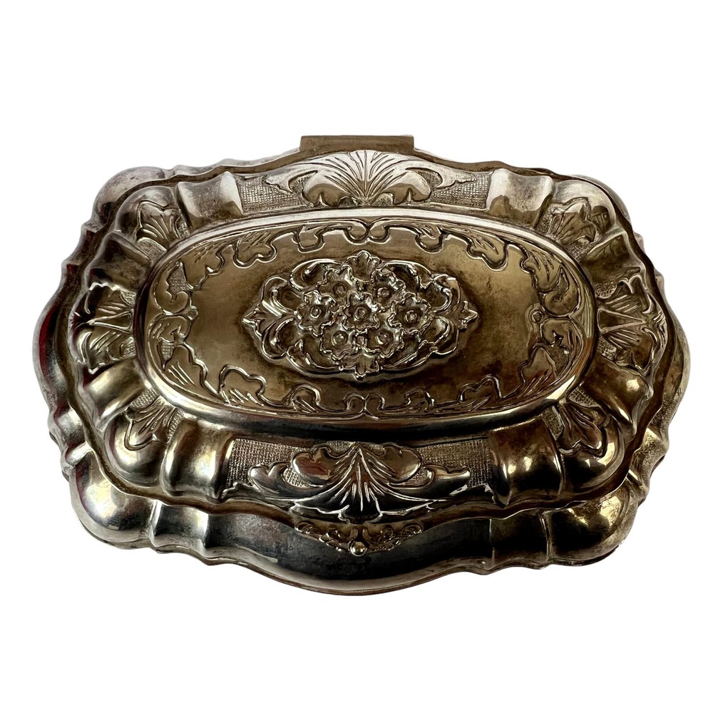 Vintage Silver Plate Embossed Ornate Decorative Trinket Box Hinged Lid Footed